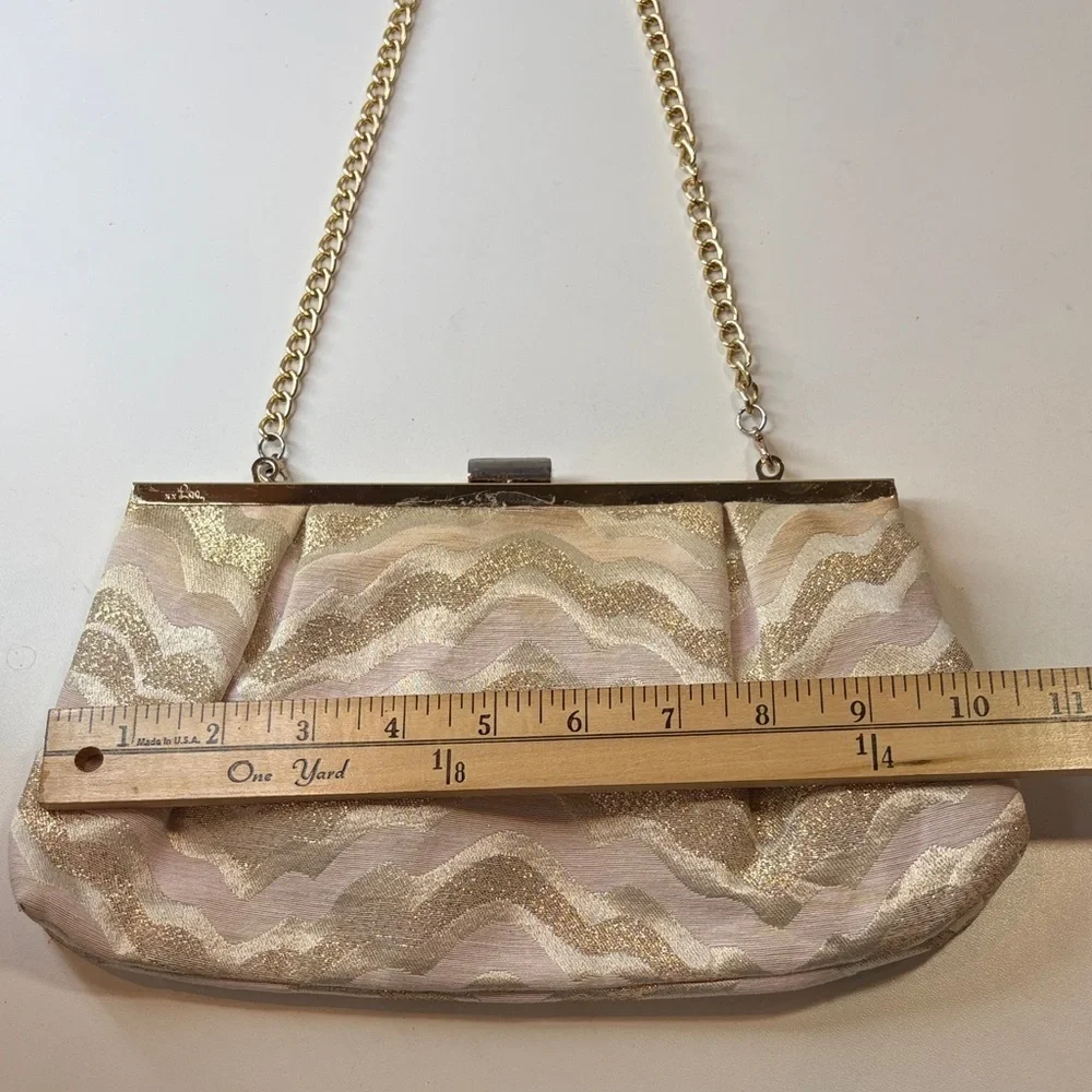 Lilly Pulitzer Gold Shimmer Cream Pink Clutch Bag w golden chain